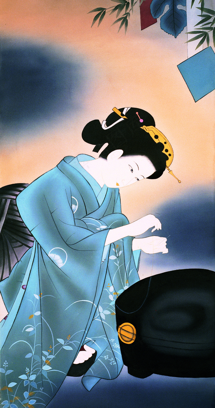 蹲下拿着针线缝补的东洋侍女图片