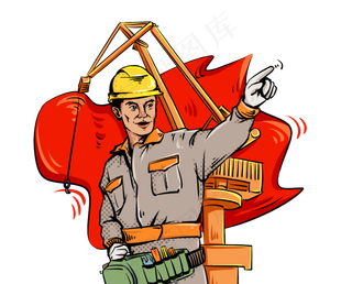 劳动节波普工人吊车红旗飘飘,免抠元素