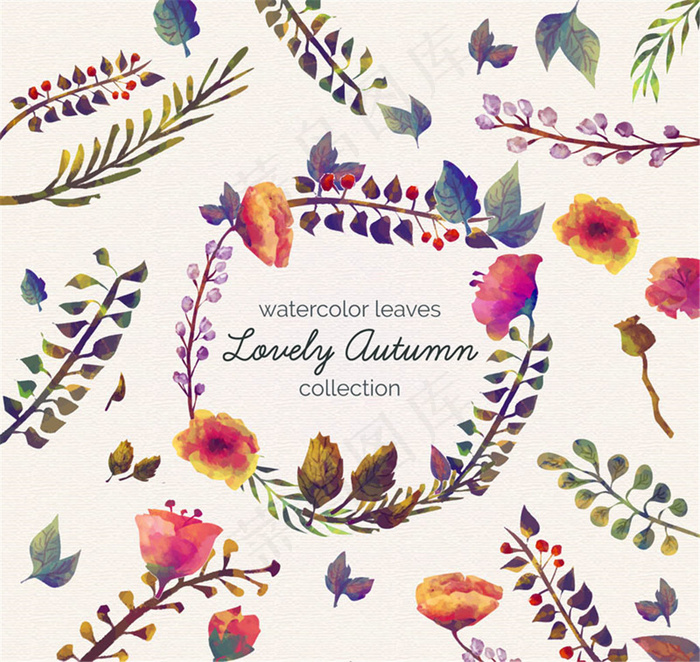水彩秋季花草集矢量素材