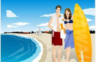 海边游泳度假的情侣图片