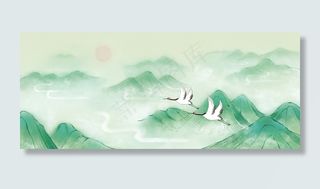 绿色中国风手绘山仙鹤日出PSD分层