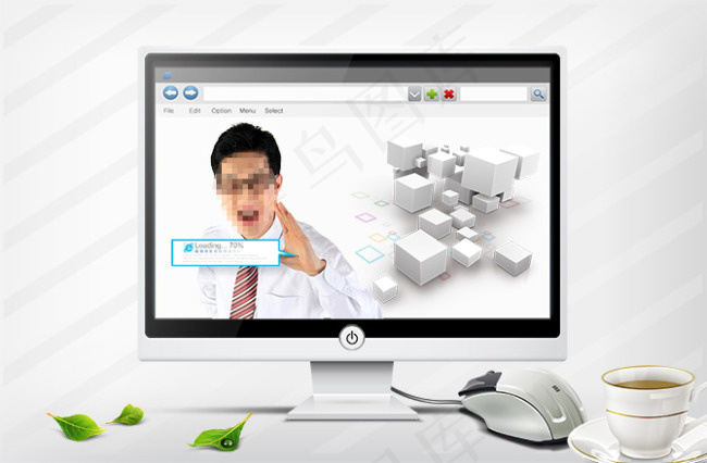 树叶鼠标咖啡杯与人物PSD分层素材