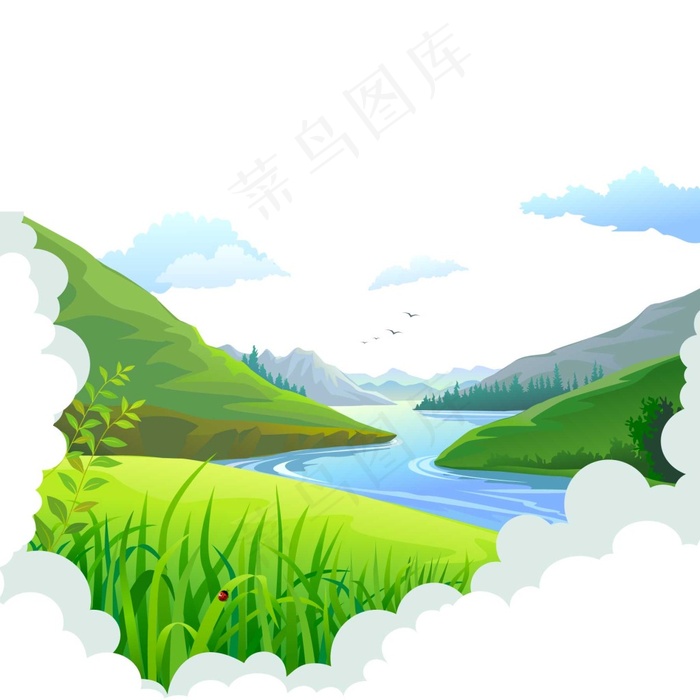卡通蓝天白云小河绿地png元素