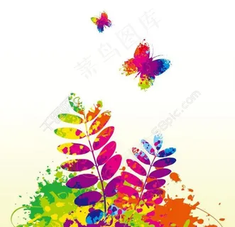 春天墨迹多彩树叶蝴蝶花纹底纹图片