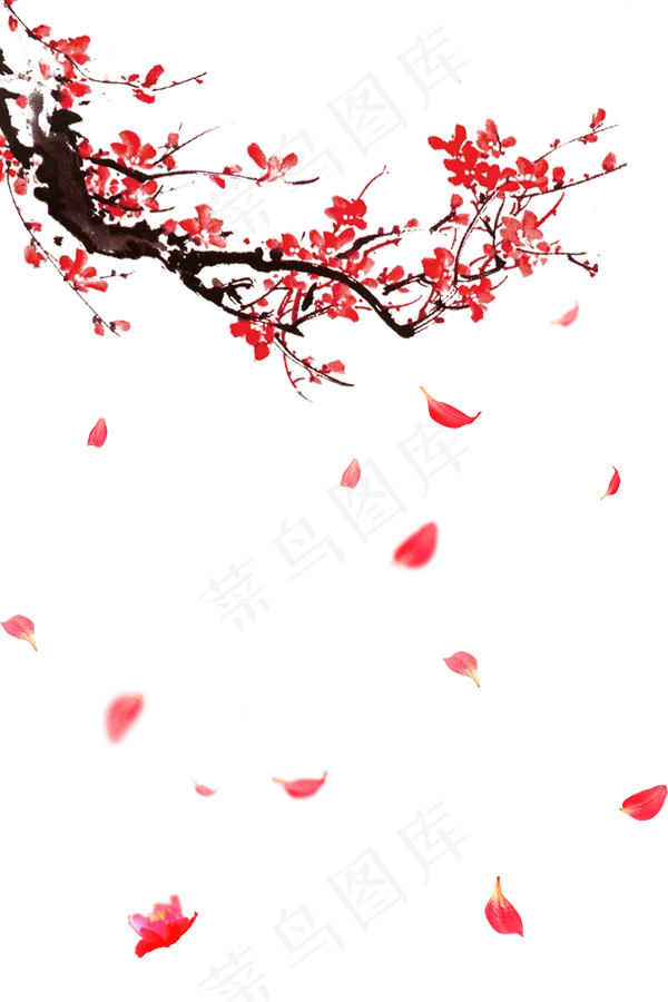古风红色梅花和漂落的花瓣