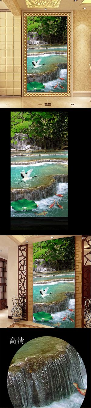 山间瀑布流水溪流3D风景画立体玄关...