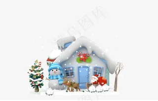冬季,冬天,下雪,卡通,手绘,3D,立体,雪房子,圣诞树,雪人,圣诞老人