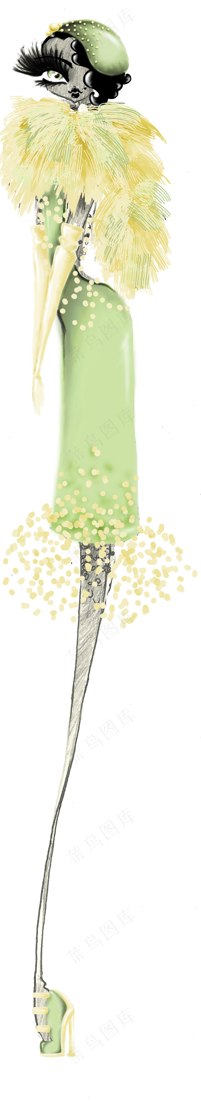 绿色皮草连衣裙设计图