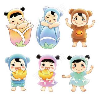 卡通抱花朵和金元宝的可爱小孩子插画...