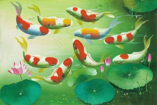 金鱼荷花油画装饰画背景墙