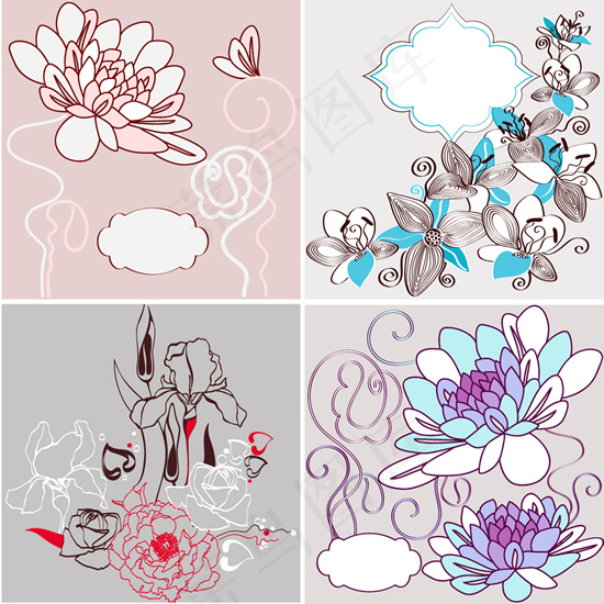 手绘花卉线稿背景矢量素材