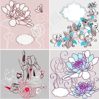 手绘花卉线稿背景矢量素材