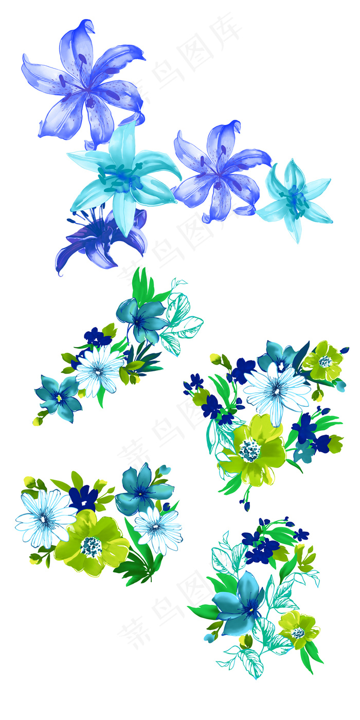 蓝色手绘花朵水彩画psd分层(5906X11811(DPI:300))psd模版下载