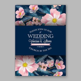 水彩盛开的花朵叶子婚礼请贴矢量素材