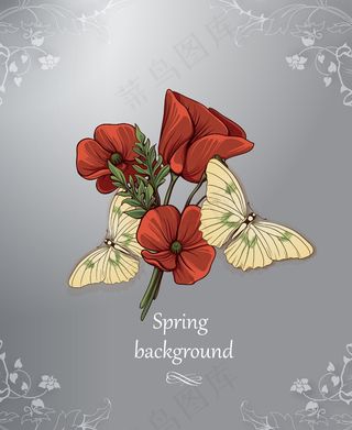 以蝴蝶和春天的花花卉背景矢量插画