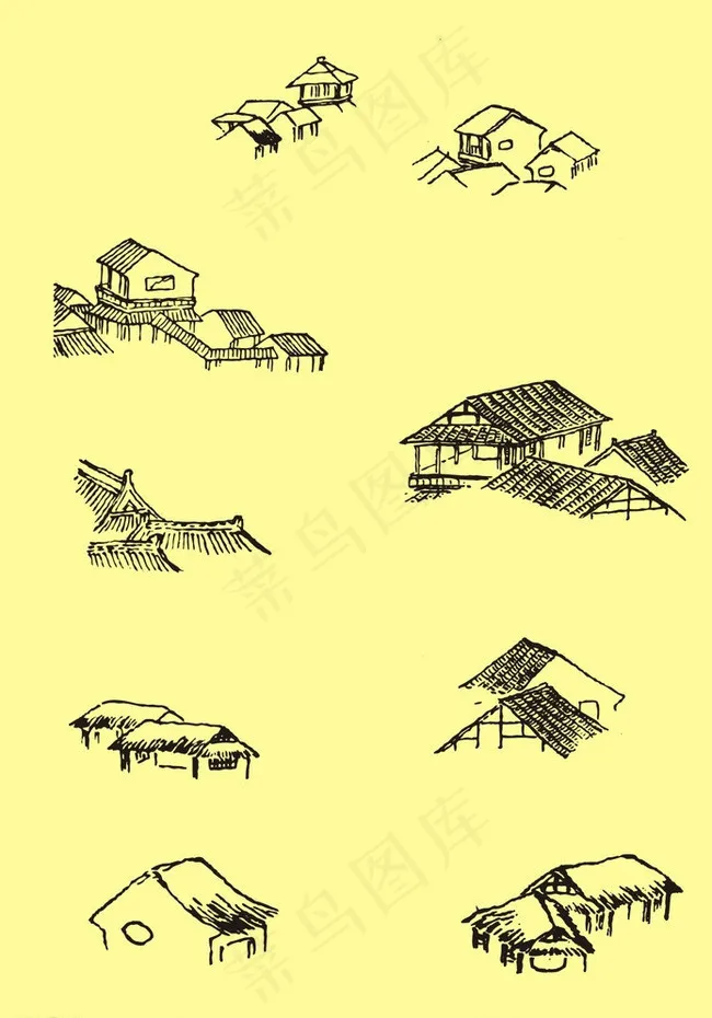 国画民居茅屋图片cdr矢量模版下载