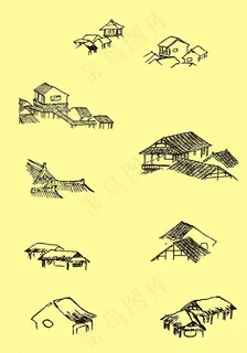 国画民居茅屋图片