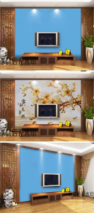 古典中式电视背景墙场景样机效果图贴... 古典中式电视背景墙场景样机效果图贴...