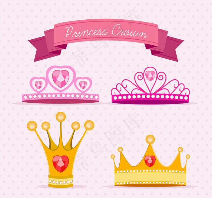 丝带,公主,王冠,钻石,卡通,矢量图