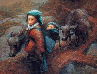 背孩子的少女图片