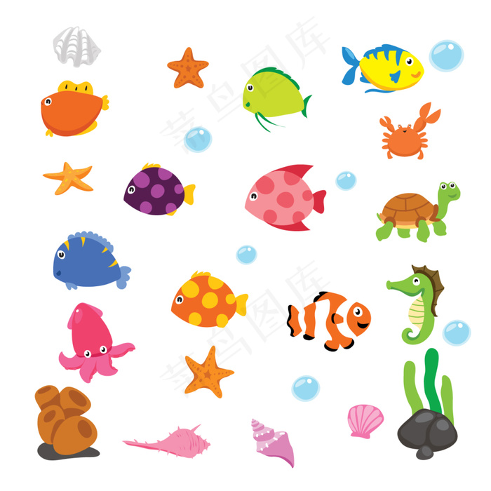 卡通金鱼星星海龟海马动物分层插画eps,ai矢量模版下载