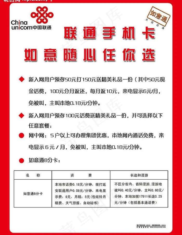 联通如意通手机卡套红单页图片psd模版下载