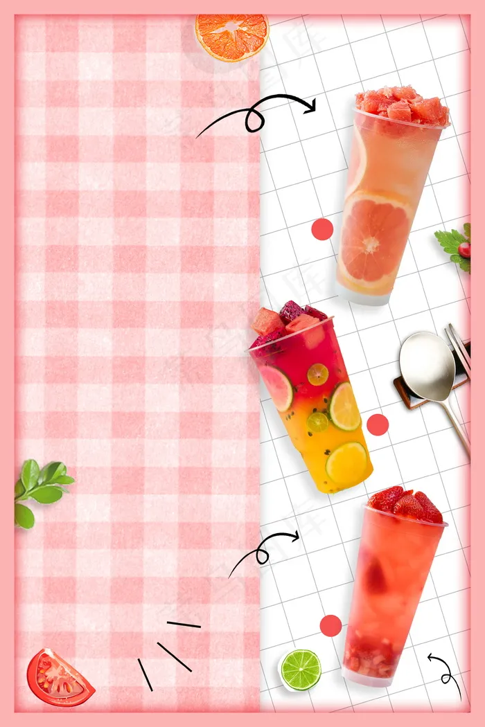 粉色边框格子底纹水果果汁冷饮背景素材
