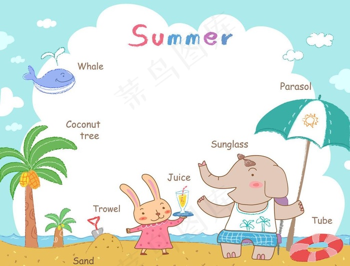 小动物夏天海边学英语图片eps,ai矢量模版下载
