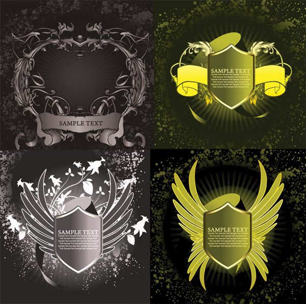 欧洲盾牌花纹翅膀矢量素材