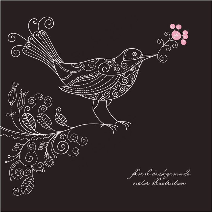 手绘花纹小鸟矢量素材