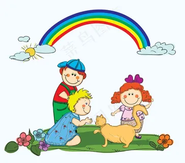 一只猫背景矢量玩耍的孩子们