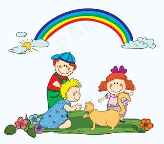 一只猫背景矢量玩耍的孩子们