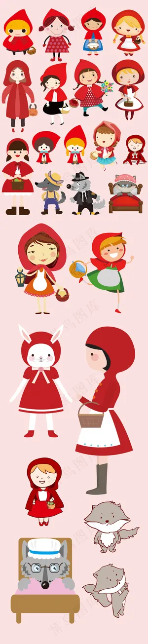 扁平化可爱小红帽与大灰狼安徒生童话...