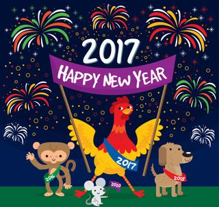 新年快乐烟花卡通动物