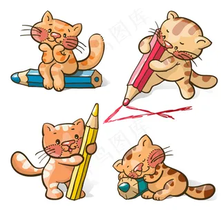 卡通猫咪与铅笔矢量素材 AI 卡通猫咪与铅笔矢量素材 AI