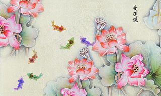 玉雕花背景墙莲花池塘背景墙装饰画背...