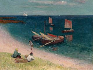 海边渔船油画图片