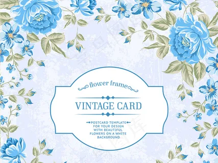 唯美手绘蓝色鲜花边框婚礼请柬矢量素...