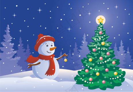 卡通圣诞雪人与圣诞树矢量素材