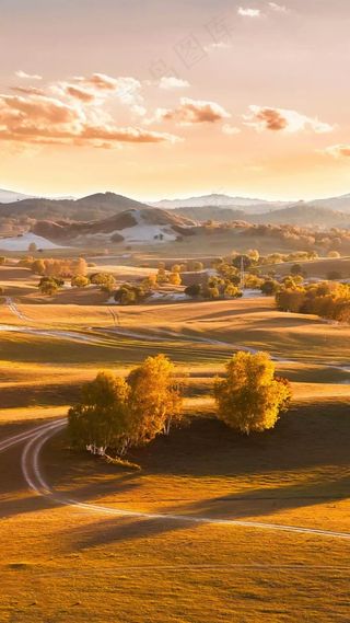 阳光照射下铺满草坪的山高清摄影图片