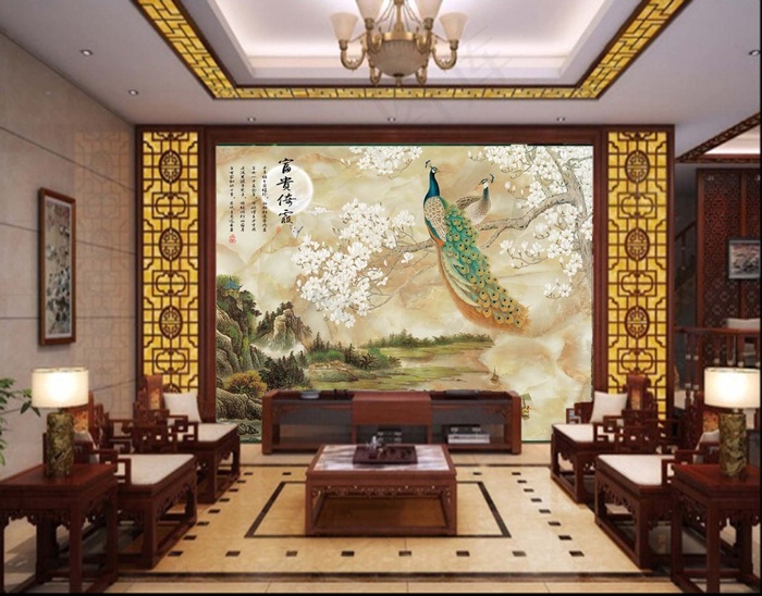 山水大理石纹中式山水孔雀(4252X3401(DPI:72))psd模版下载
