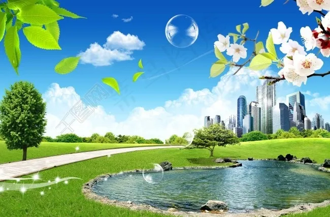 湖水  白花  远处的楼房  树叶 气泡(2362X1552(DPI:300))psd模版下载