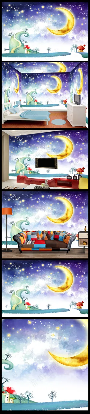 卡通童话月亮儿童房间背景墙