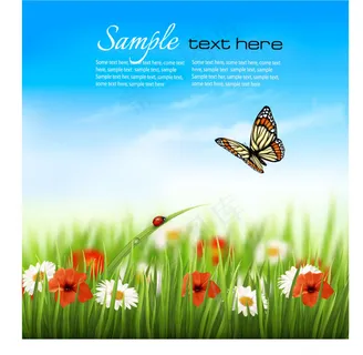 夏草伴花蝴蝶背景矢量素材