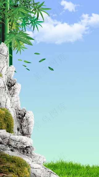 蓝天白云竹叶背景