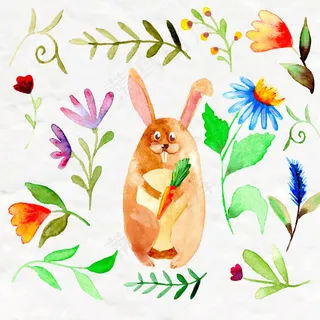水彩兔子花和叶图片