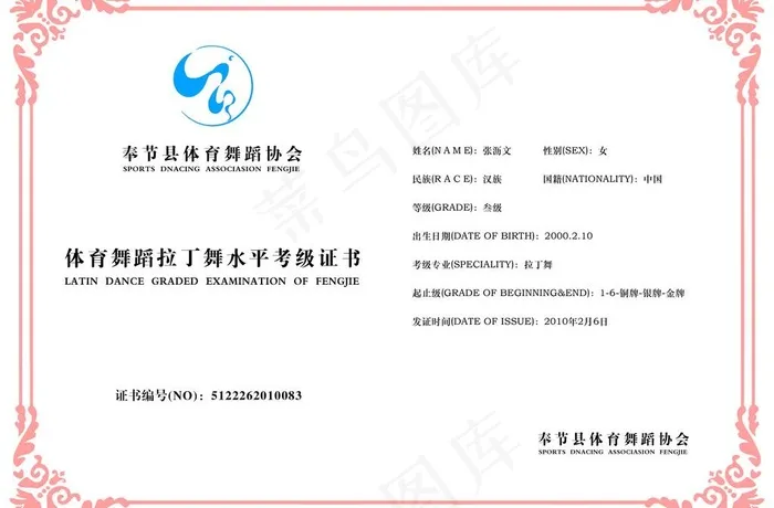 体育舞蹈拉丁舞水平考级证书图片psd模版下载