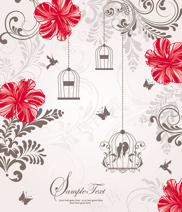红色花朵鸟笼背景矢量素材