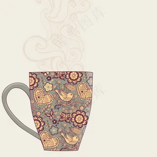 咖啡杯和花卉图案的背景热饮料在美丽...