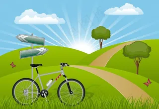 蓝天白云草地自行车 春天背景图片